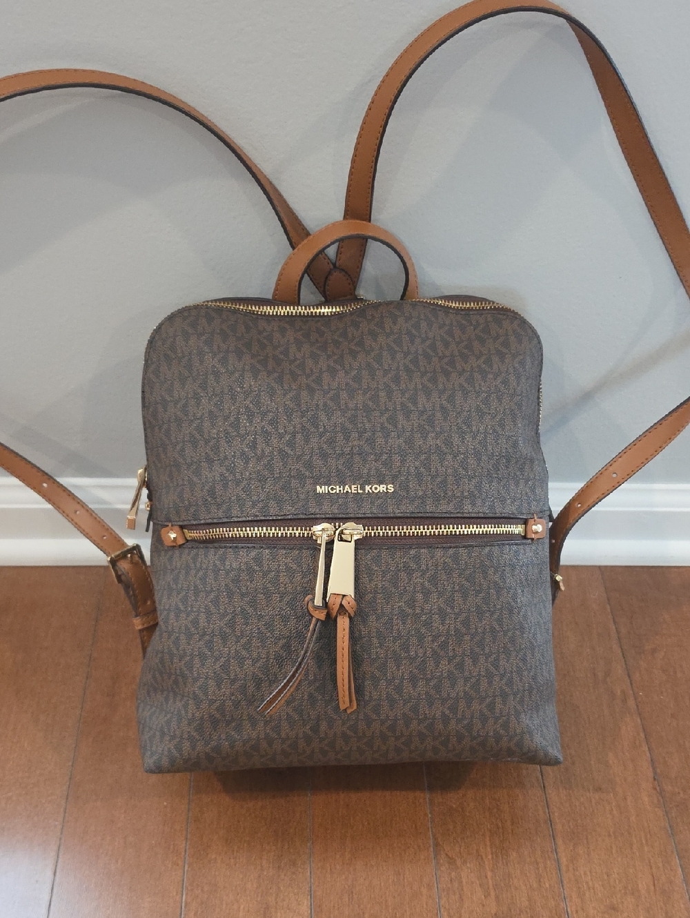 Michael Kors Brown MK Monogram Backpack with Tan Trim and Gold Hardware